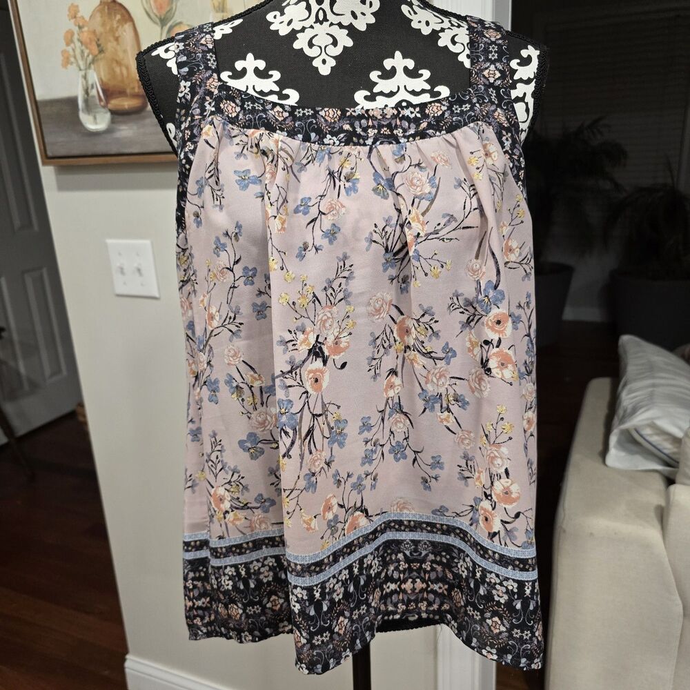 Free 2 Luv Cute Floral Sleeveless Top Lightweight Semi-Sheer Polyester S Blue